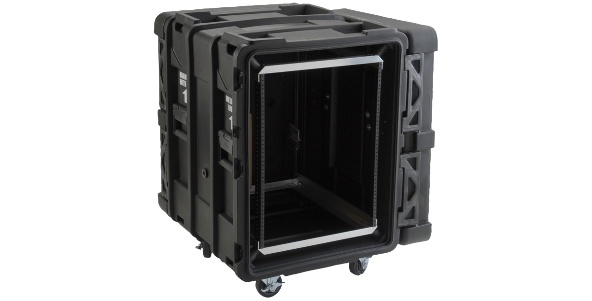 Angled open view of 24-Inch rSeries Shock Rack - Durable & Efficient | 3SKB, displaying deep 24-inch rack space and shock-mounted aluminum frame.