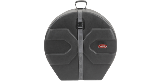Front view of closed Lead/Tenor Steel Drum Case featuring molded hard shell, buckle strap, and top handle for easy carrying.