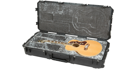 Waterproof Jumbo Acoustic Guitar Case with TSA latches, shown open with a jumbo guitar inside, ideal for travel and protection.