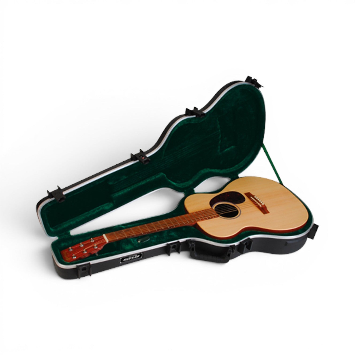 Open 000 Guitar Case showing plush green interior and snug fit for acoustic guitars. Designed for protection and travel convenience.