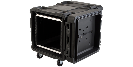 Angled open view of 28 Inch Shock Rack with ARCS System - 10U, highlighting deep interior and adjustable mounting rails.