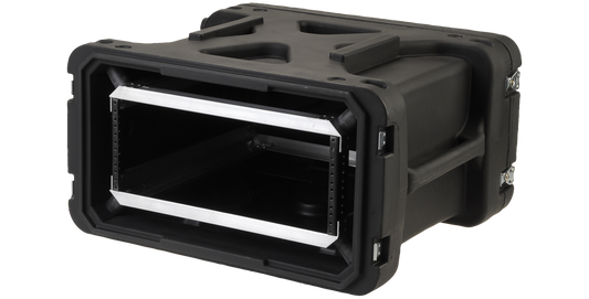 Angled open view of 4U 20-Inch Rack - Shockproof Designs, featuring lightweight yet durable roto-molded shell and internal rackmount frame.