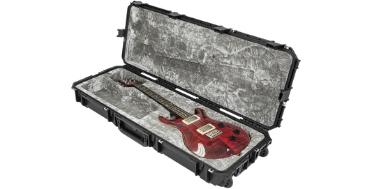 iSeries Waterproof PRS Guitar Case angled view with guitar, highlighting plush interior and molded compartments for safe travel.