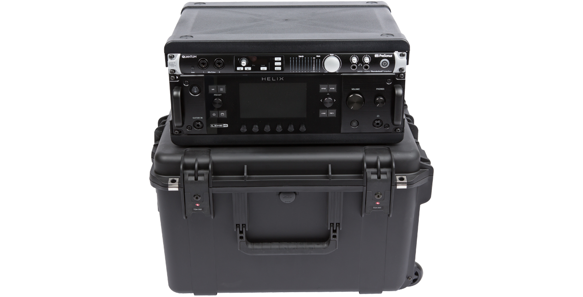 iSeries Fly Racks waterproof case with mounted Helix audio gear, showcasing lightweight and durable shock rack for travel protection.