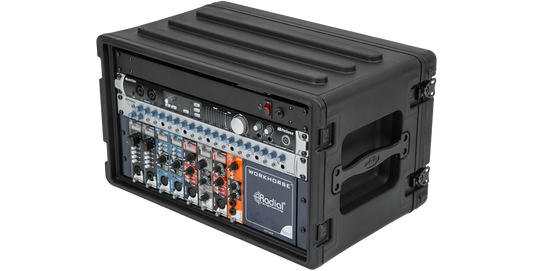 Angled view of 6U Shallow Rack - Durable Design showing stacked audio gear, interlocking lid system, and reinforced corners for portable use.