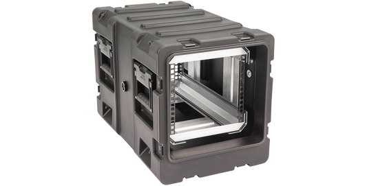 Durable 20-inch Shock Rack Case by SKB with visible internal rails and rugged exterior, designed for secure transport of sensitive gear.