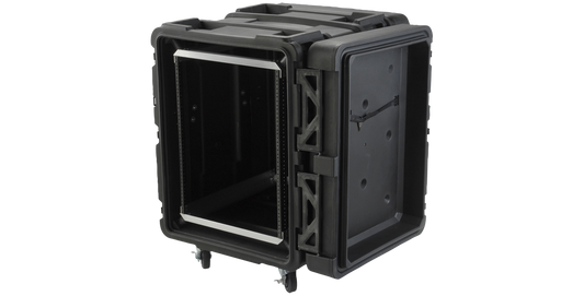 Angled view of 24-Inch rSeries Shock Rack - Durable & Efficient | 3SKB with open front, highlighting shock-absorbing frame and rugged construction.
