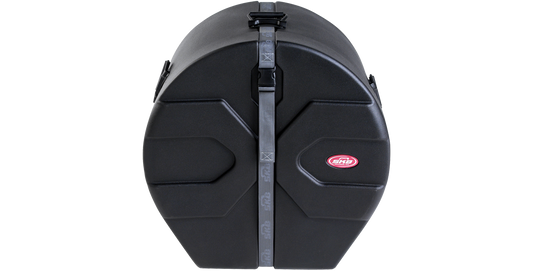 Front view of 14 x 20 bass drum case featuring a durable roto-molded shell and roto-X pattern for rugged protection and stacking.