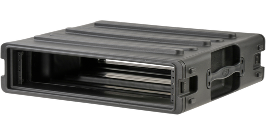 Angled side view of 2U SKB Standard Roto Rack - Durable Design, highlighting interlocking edges and rugged construction for pro audio transport.