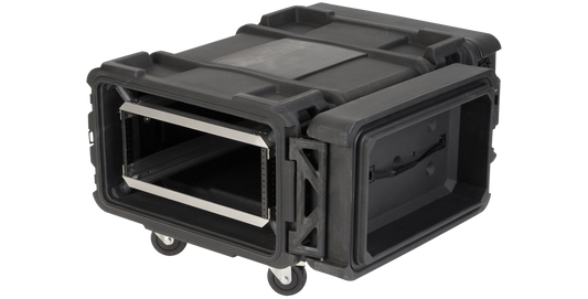 Angled side view of 4U 30-inch Shock Rack showing lightweight aluminum frame and rugged black exterior with rolling wheels.