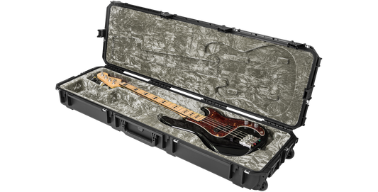 Durable Waterproof Bass Guitar Case shown open with bass guitar inside, featuring TSA-approved latches and molded interior for secure fit.
