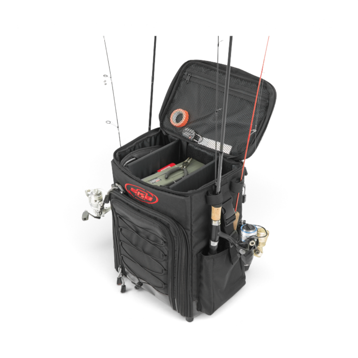 SKB Cases Tak-Pak black fishing tackle backpack with wheels, rod holders, and interior storage compartments.