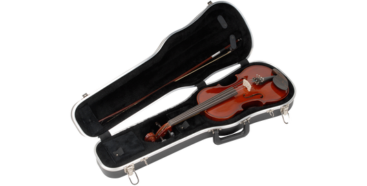Open Violin Viola Deluxe Case showing 3/4 violin and bow inside plush interior. Features bow holders and D-ring strap for convenience.
