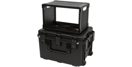 iSeries Injection Molded Fly Rack - Lightweight, Durable 6U rack case with removable rack frame placed on top of rugged rolling case for easy transport.