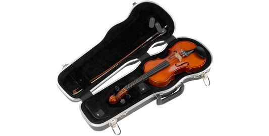 1/4 Violin Case - Deluxe Protection with plush interior, fits violin and two bows. Includes D-rings for shoulder strap and accessory storage.
