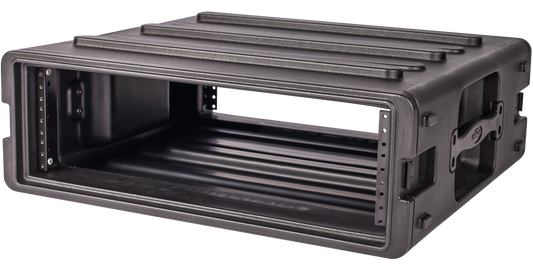 Angled side view of 3U rSeries Rack - 3U rack case with rugged handles and reinforced edges, ideal for stacking and transport.