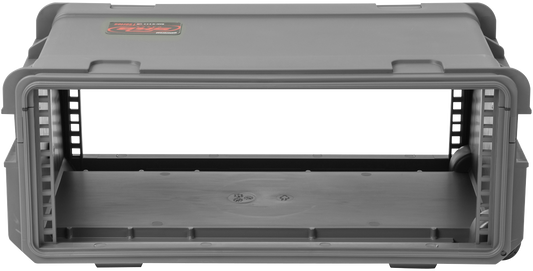 Front-facing view of compact injection molded 11” rack with 4U capacity, ideal for lightweight and secure equipment transport in tight spaces.