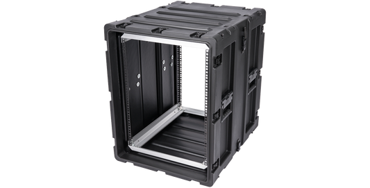 Angled front-left view of 24-Inch Shockproof Rack Case - Electronics Protection, showing reinforced corners and internal mounting rails.