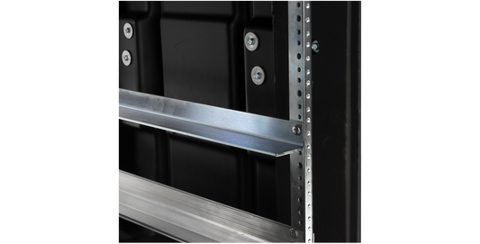 Installed 20 inch steel support rail inside a shock rack, providing added structural support for heavy pro audio equipment.