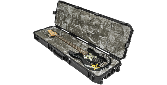 Angled view of iSeries Waterproof StingRay Bass Case showcasing custom-fit interior and bass guitar placement. Built for rugged travel protection.