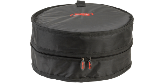 Cylindrical 6.5 x 14 snare drum gig bag featuring dual zippers and reinforced stitching for reliable percussion case storage.