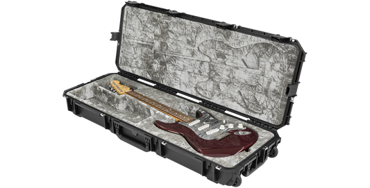 Waterproof Strat Tele guitar case with molded interior shown holding a Stratocaster, ideal for travel and storage.
