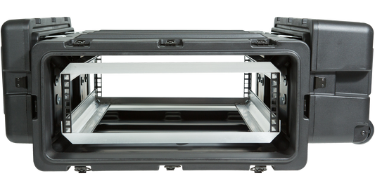 Front view of 24-Inch Deep Shock Rack Case showing internal aluminum frame for mounting sensitive electronics securely.