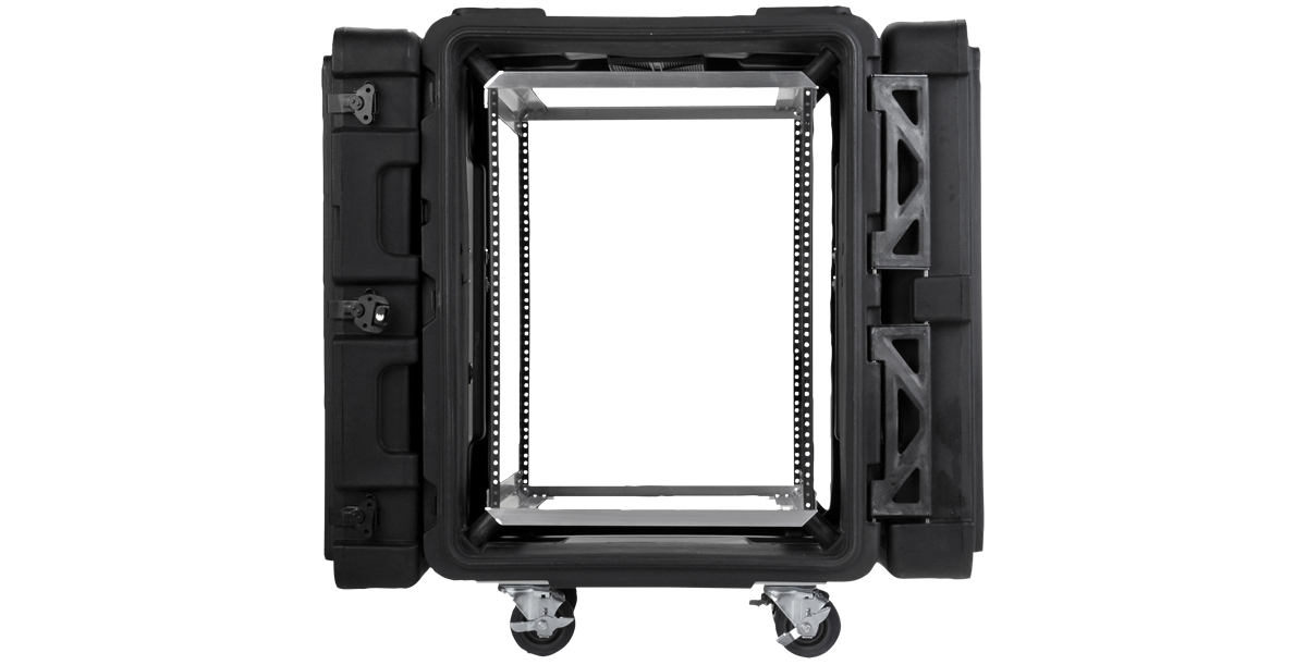 Front view of 24-Inch rSeries Shock Rack - Durable & Efficient | 3SKB, showing open lid and internal aluminum frame for secure IT or server mounting.