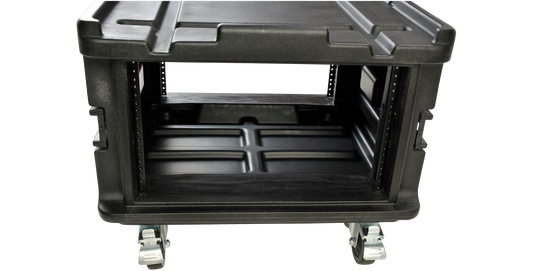 Front view of Rack Case with Wheels - Expandable Roto Molded showing interior rack space for vacuum or audio accessory kits.