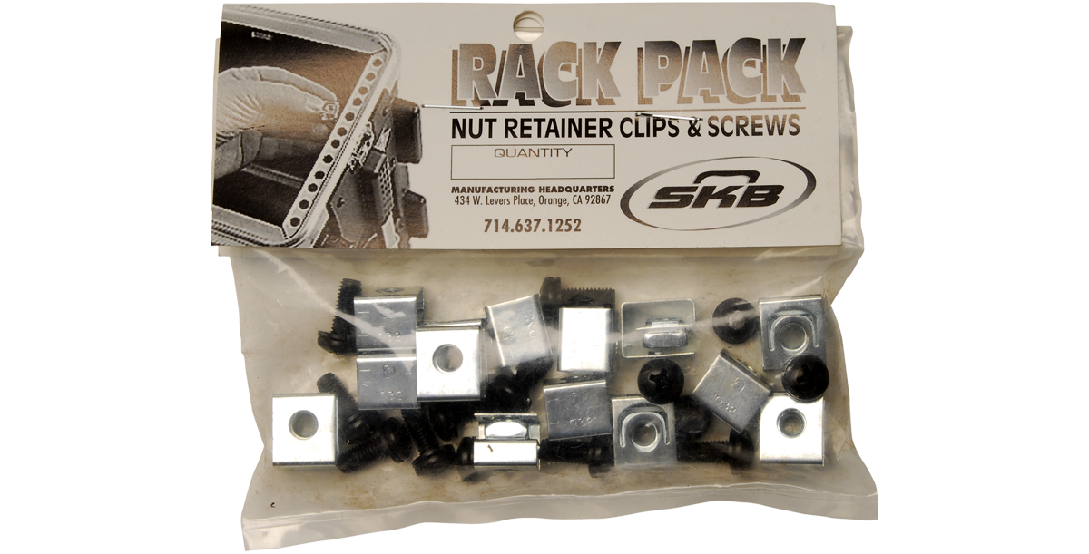 SKB Rack Mount Hardware Kit in retail packaging with nut retainer clips and screws, ideal accessory for rack cases and pro audio installations.