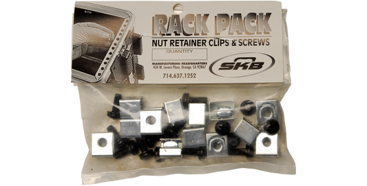 SKB Rack Mount Hardware Kit in retail packaging with nut retainer clips and screws, ideal accessory for rack cases and pro audio installations.