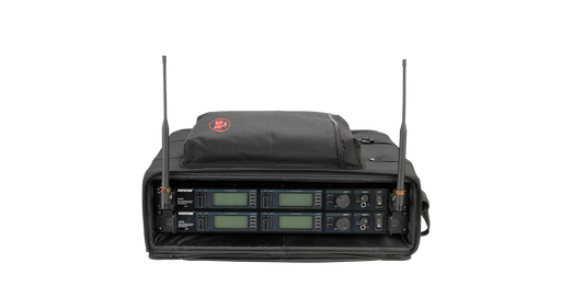 Front view of 2U Rack Soft Case - Wireless Microphone with visible dual rack-mounted receivers and zippered front cover.