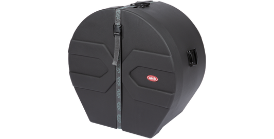 Angled side view of durable 14x26 marching bass drum case featuring molded Roto-X shell and ergonomic side handle for easy transport.
