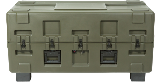 Front view of 3R Series case with 3R Forklift Riser Kit installed, showing reinforced risers for forklift compatibility.