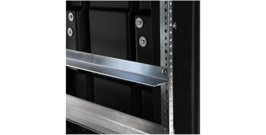 Zinc plated 28 inch support rail installed in a shock rack case, providing structural support for heavy pro audio equipment.