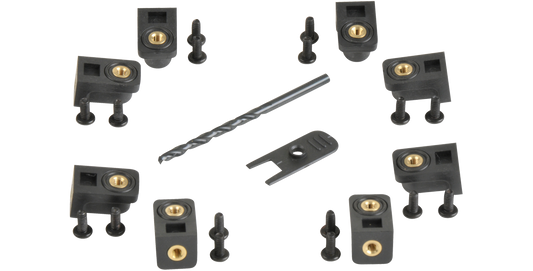 Complete SKB 3i Series Panel Mount Kit including panel clips, O-rings, screws, drill bit, and guide for secure panel installation.