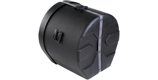 Angled side view of 16x20 Roto-molded bass drum case featuring ergonomic handles and reinforced shell for percussion protection.