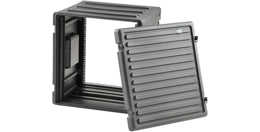 Durable 12U Roto Rack Case shown with removable front lid, featuring interlocking design and rugged construction for stacking.