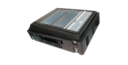 Roto-Molded Gig Safe 14U Rack Case shown with audio mixer installed, highlighting its compatibility with Behringer Wing and StudioLive mixers.