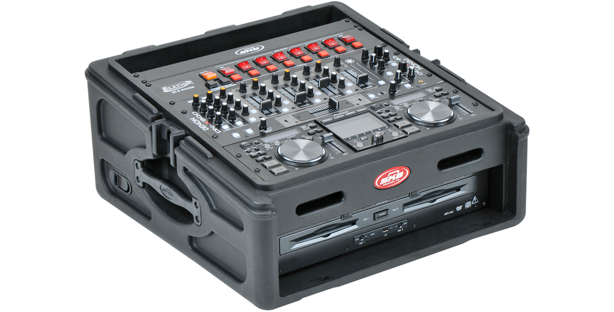 Angled top view of 10 x 2 compact rack case with DJ controller and dual CD decks, built for pro audio use and travel durability.
