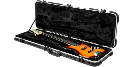 Universal Electric Bass Case with TSA locks and soft black interior, shown open with a bass guitar fitted snugly inside.
