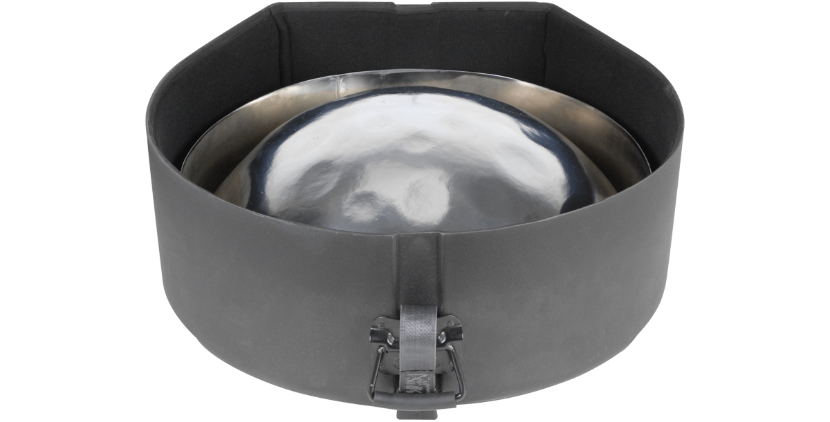 Open Lead/Tenor Steel Drum Case with steel drum inside, showing padded interior for secure transport and protection.