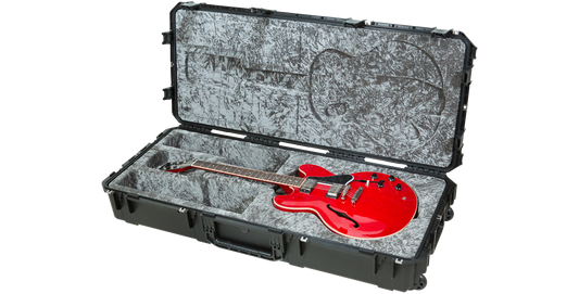 Open iSeries 335 Waterproof Guitar Flight Case displaying red 335-style electric guitar in custom-fit, military-grade interior.