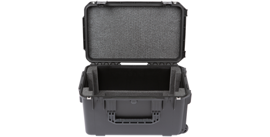 Empty 4U iSeries Fly Rack case with foam padding, ideal for storing and protecting shallow rack-mounted recording gear during travel.