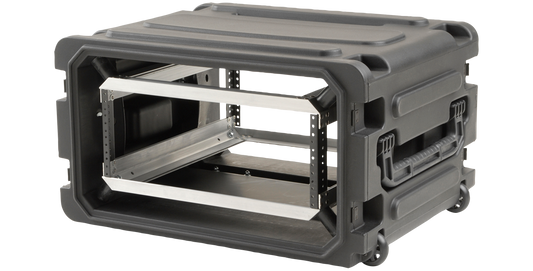 Angled view of 20-inch deep rolling shock rack with molded handles and stackable design, ideal for secure transport of rack-mounted gear.
