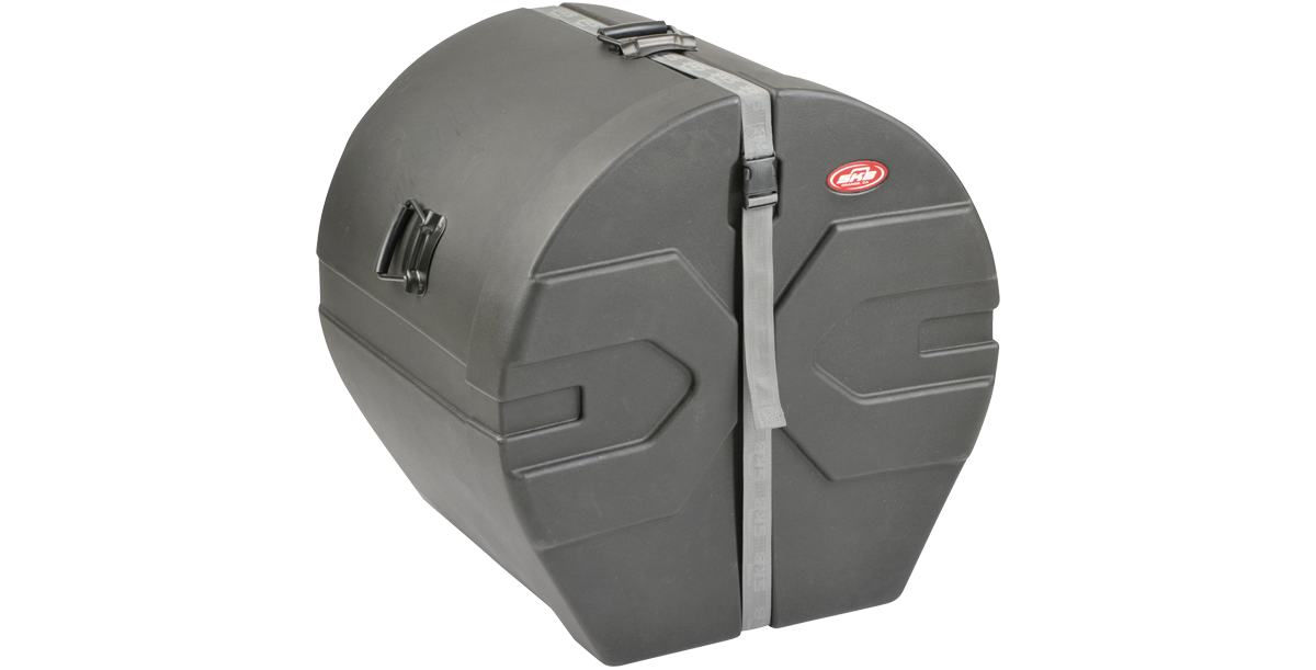 Side angle of 18 x 22 bass drum case with padded interior and heavy-duty strap, designed for durability and easy handling.