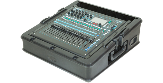 Durable 10U Mixer Rack Case with roto-molded design, housing an Allen & Heath Qu-16 mixer, ideal for transport and protection.