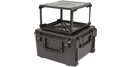 Durable 6U SKB Fly Rack Injection Molded flyRack with elevated rack frame and rugged iSeries case, perfect for transporting sensitive gear.