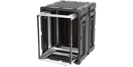 Angled front-left view of 14U Shock Rack Case - 20-inch Shock Rack, highlighting watertight and lightweight construction with reinforced corners.