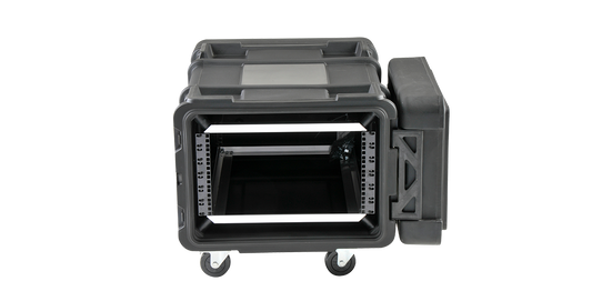 Front view of 28-inch shock rack with MIL-SPEC sealing and adjustable rail system, designed for heavy-duty server protection.